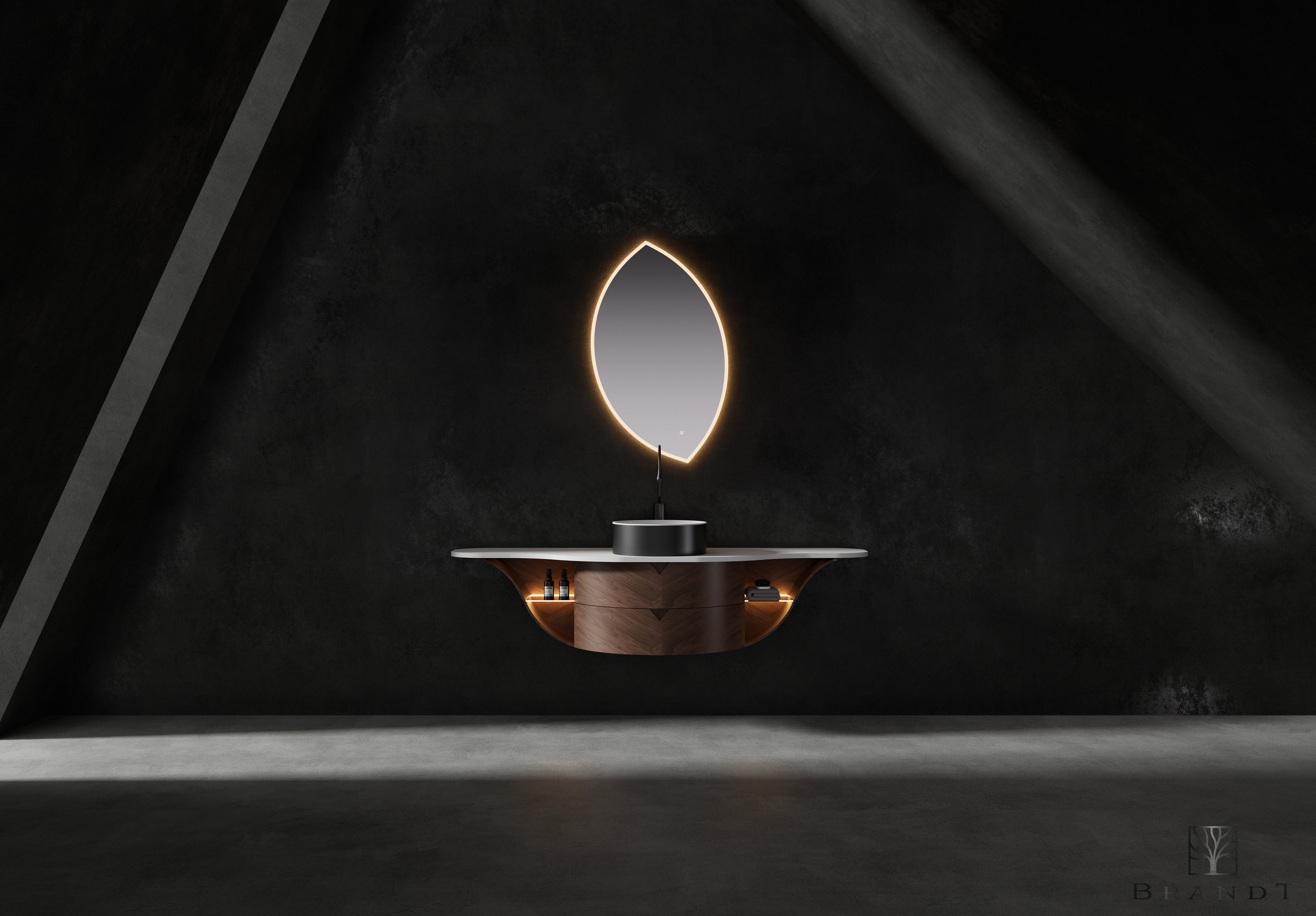 Eksklusivt baderomsmøbel med unik design på 170 cm med enkel toppmontert servant. Arcana baderomsmøbel fra Brandt Bad er bygget i valnøtt og har skuffer og hyller for god oppevaring.