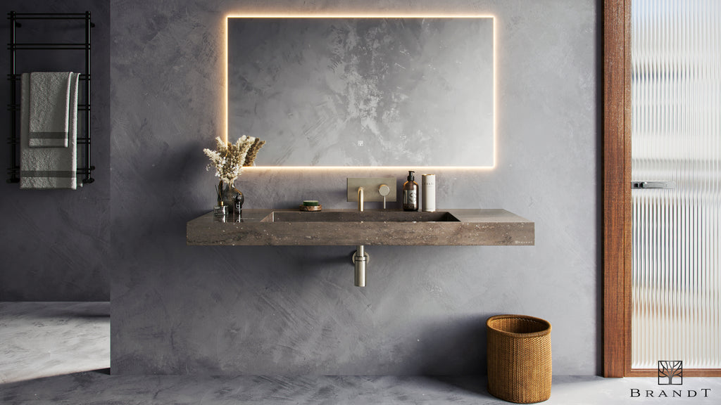 EDGE 90 cm Vegghengt Servant sett forfra i Galakseliknende Galaxy Grey fra Brandt Bad med vegghengt servantbatteri BOX006 og vannlås XACC167 i Brushed Nickel fra Tapwell.