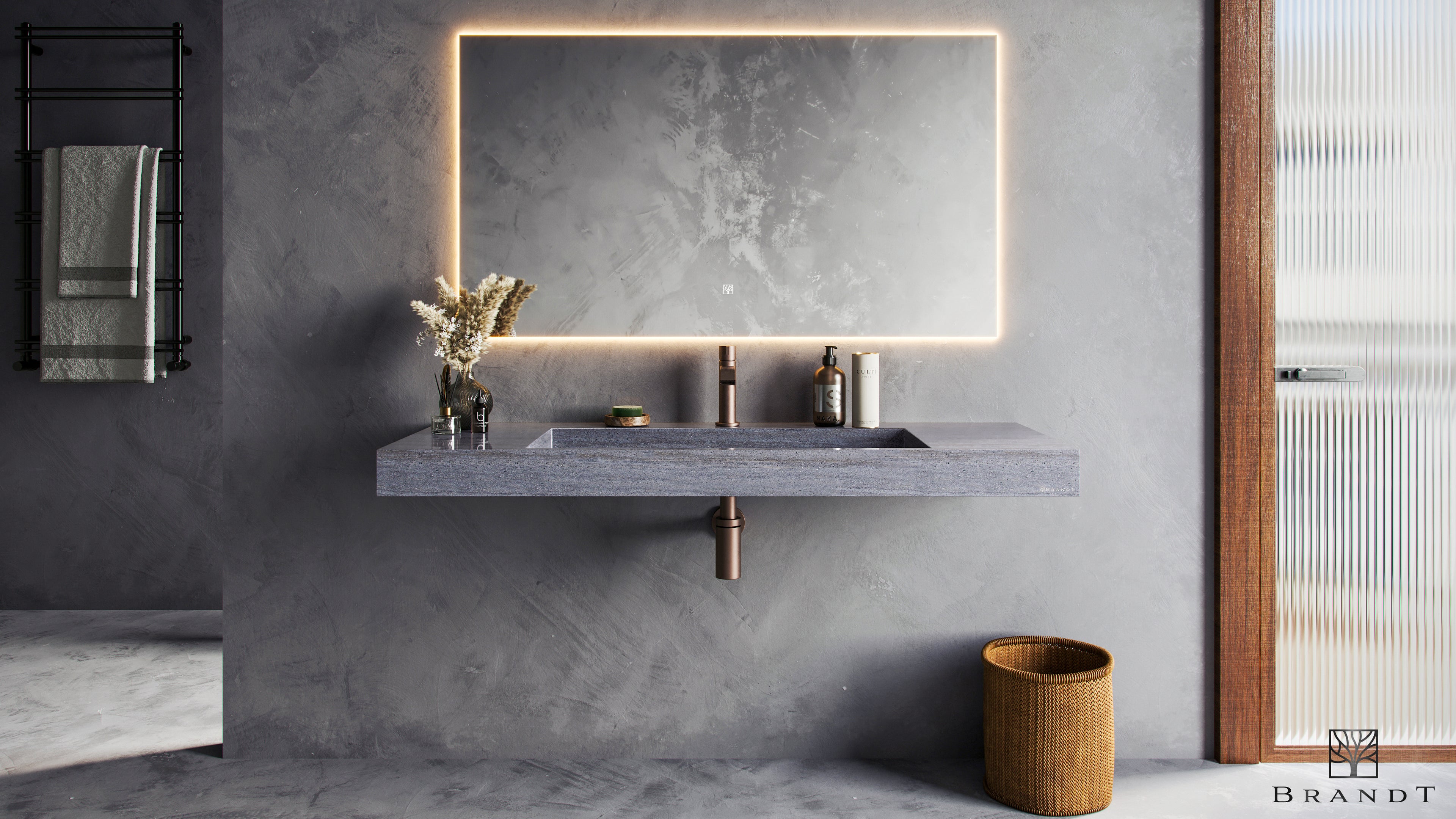 EDGE 120 cm Vegghengt Servant sett forfra i Granittliknende Mercury Grey fra Brandt Bad med servantbatteri ARM071 og vannlås XACC167 i Bronze fra Tapwell.