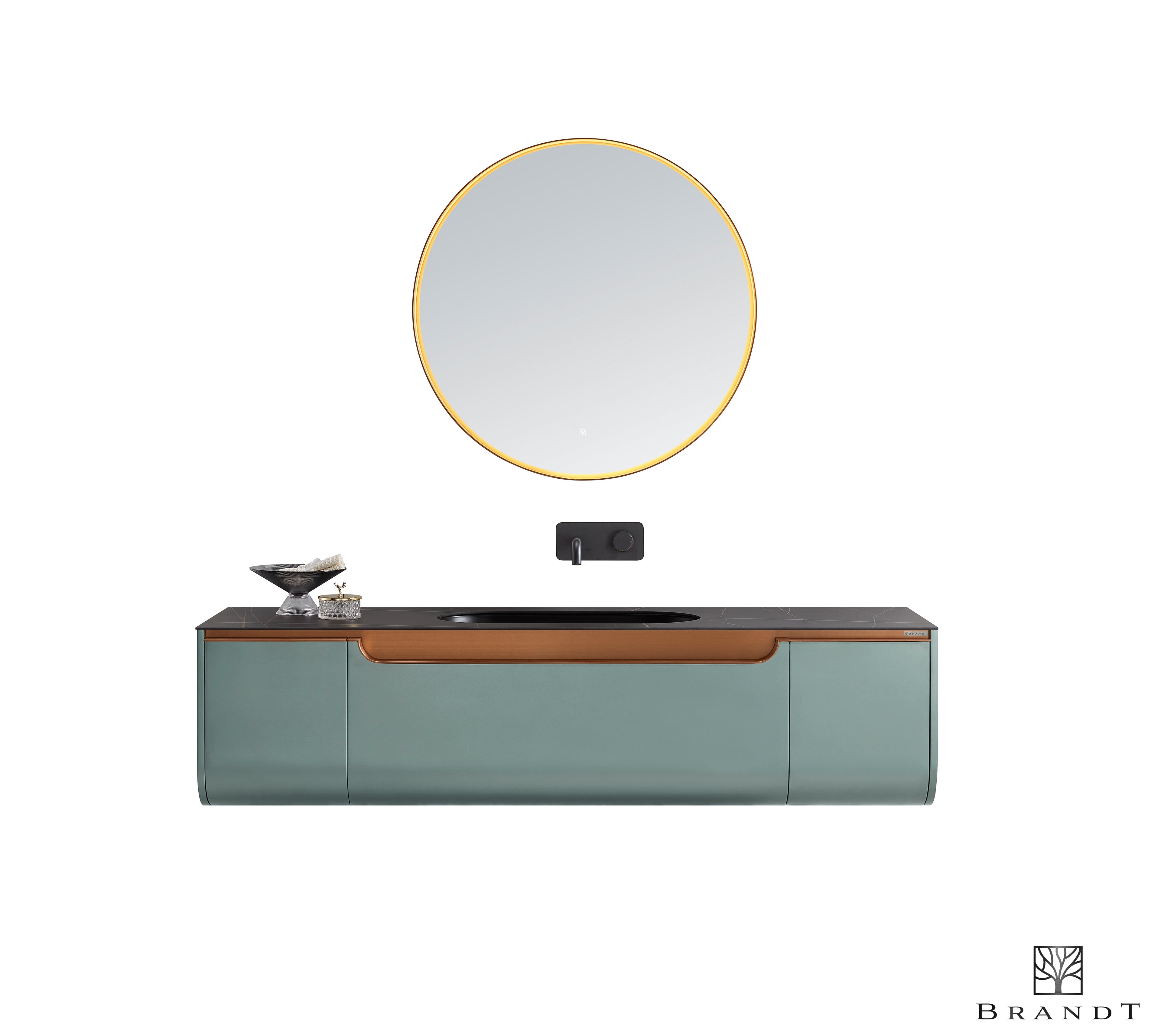 Vegghengt design baderomsmøbel 1800 mm bredde i grønn metallic og detaljer i kobber.  Stort rundt speil ramme i kobber og integrert LED belysning.