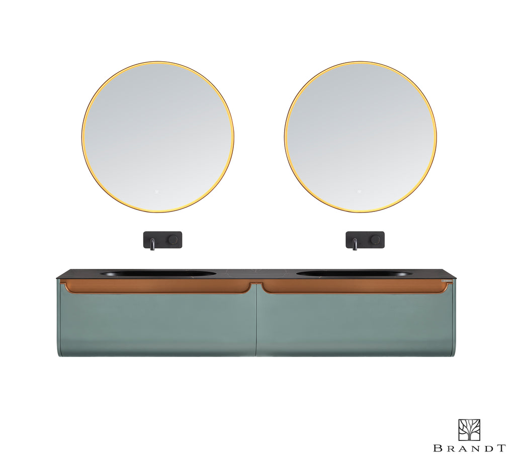 2200 mm bredt vegghengt baderomsmøbel med eksklusiv design og benkeplate i sort kompositt med marmoreringer. Grønn metallic farge og detaljer i kobber.