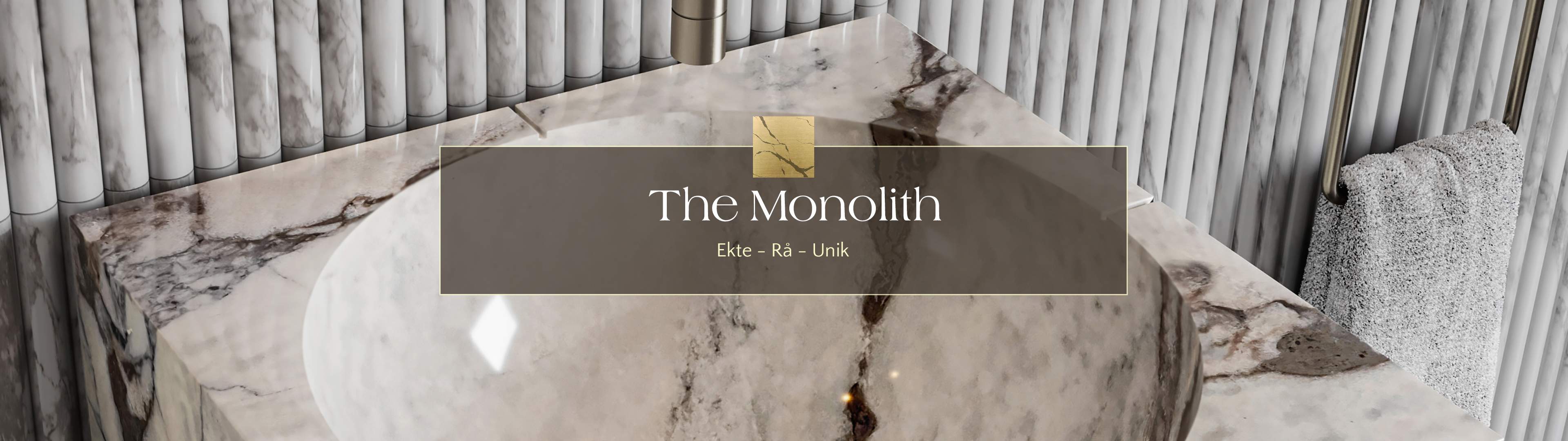 The Monolith Banner med nærbilde av marmorvask på The Monolith fra Brandt Bad.