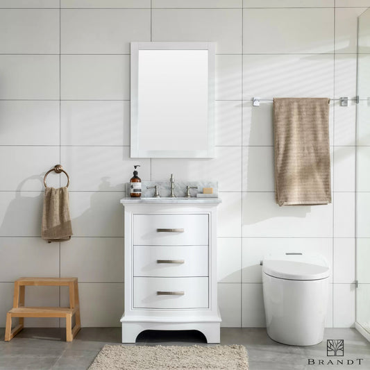 Gulvstående Heltre Servantskap i Klassisk Hvit fra Brandt Bad med Buede Fronter og benkeplate i Carrara Marmor sett forfra.